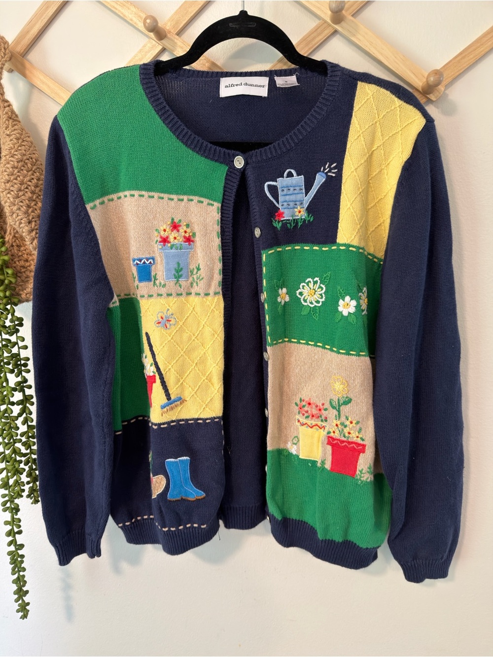 Alfred Dunner Cardigan Size M Navy Blue Garden Patchwork Embroidery